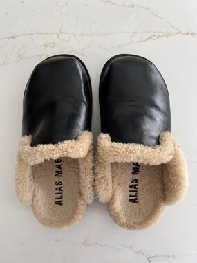 Alias Mae Black Faux Leather Slip-On Mules with Cream Shearling Trim